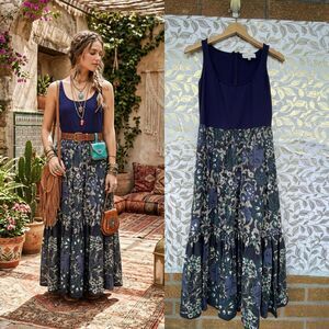 Cara Cara Blue Paisley Floral Tiered Maxi Dress - Boho Resort Wear - Size M